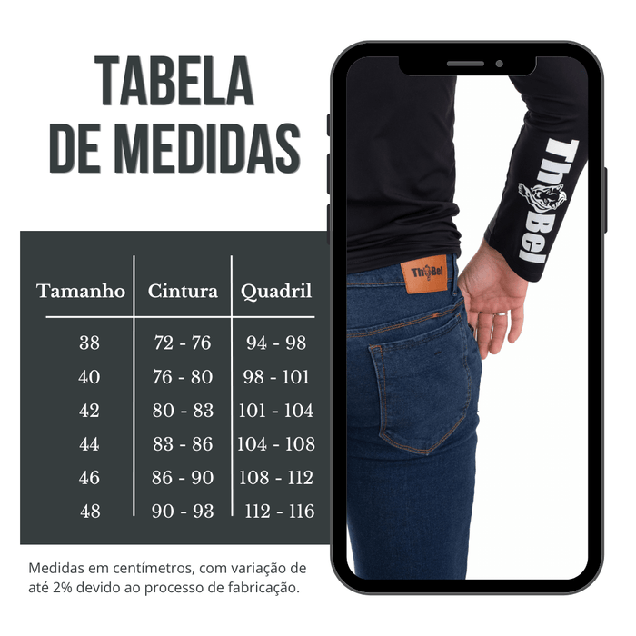 Tabela de medidas da Calça Jeans Masculina ThaBel Phantom Azul Escuro com foco no ajuste preciso.