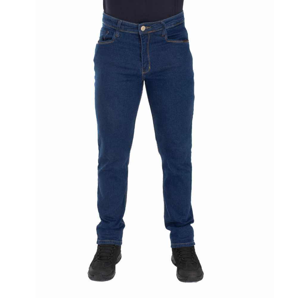 Calça Jeans Masculina ThaBel Phantom Azul Escuro com bota tática, ideal para segurança e estilo diário.