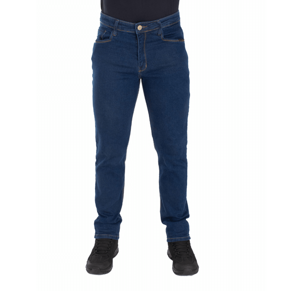 Calça Jeans Masculina ThaBel Phantom Azul Escuro com bota tática, ideal para segurança e estilo diário.