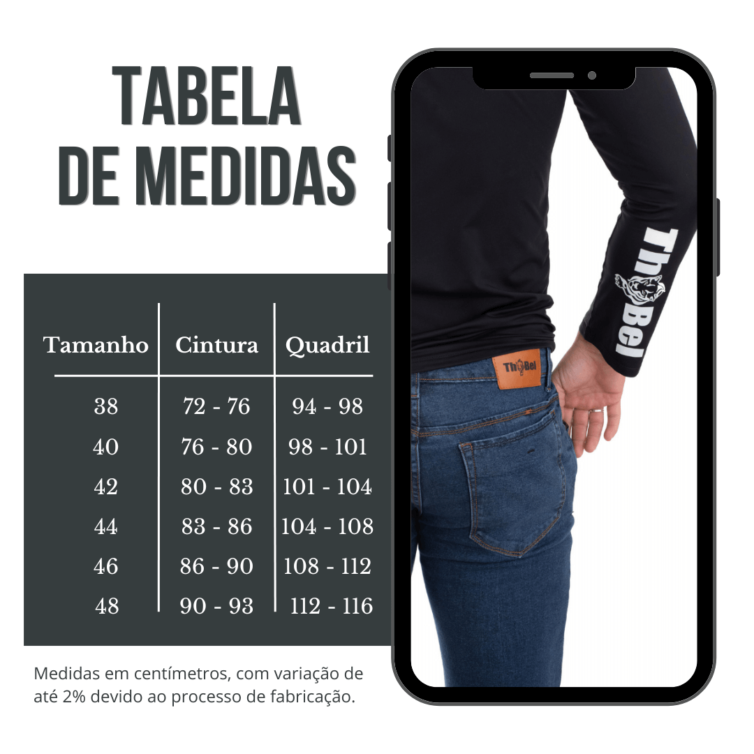 Tabela de medidas Calça Jeans Masculina ThaBel Phantom Azul, mostrando tamanhos de cintura e quadril.