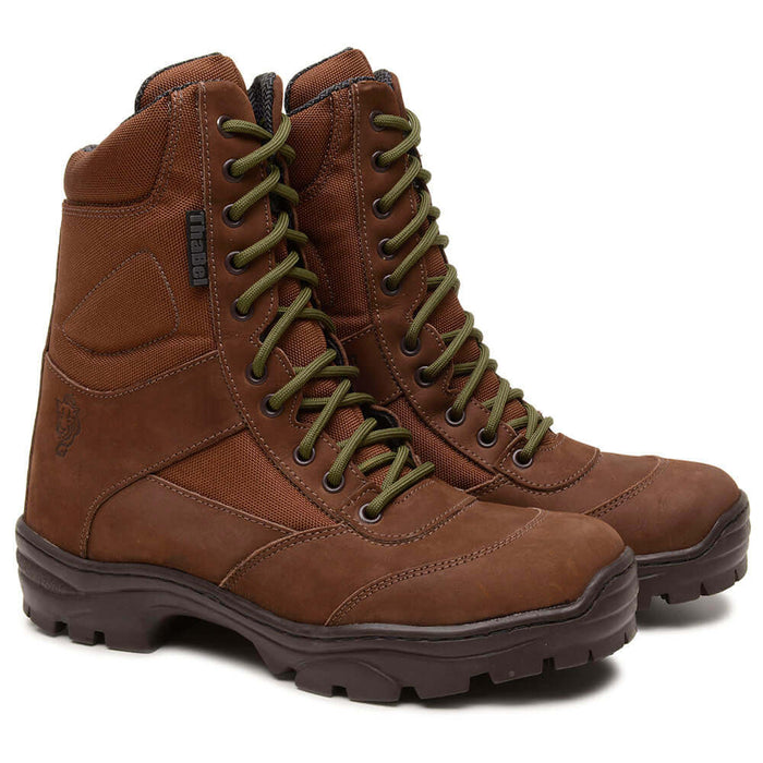 Coturno Masculino Militar Anti Perfuro Thabel Invader Marrom PQD com CA, bota tática de couro resistente para segurança e aventura.