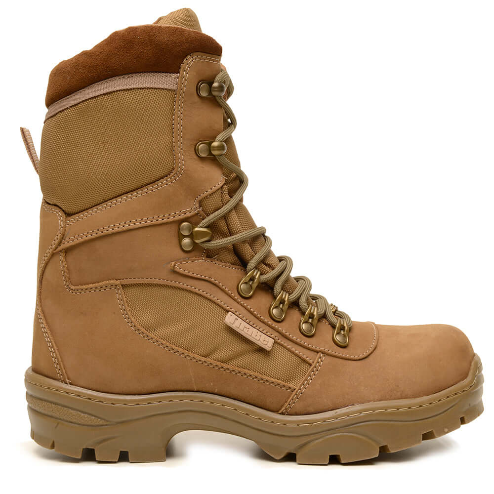 Coturno Militar Masculino ThaBel Alfa Anti Perfuro Coyote com CA, bota tática resistente para segurança e aventura.
