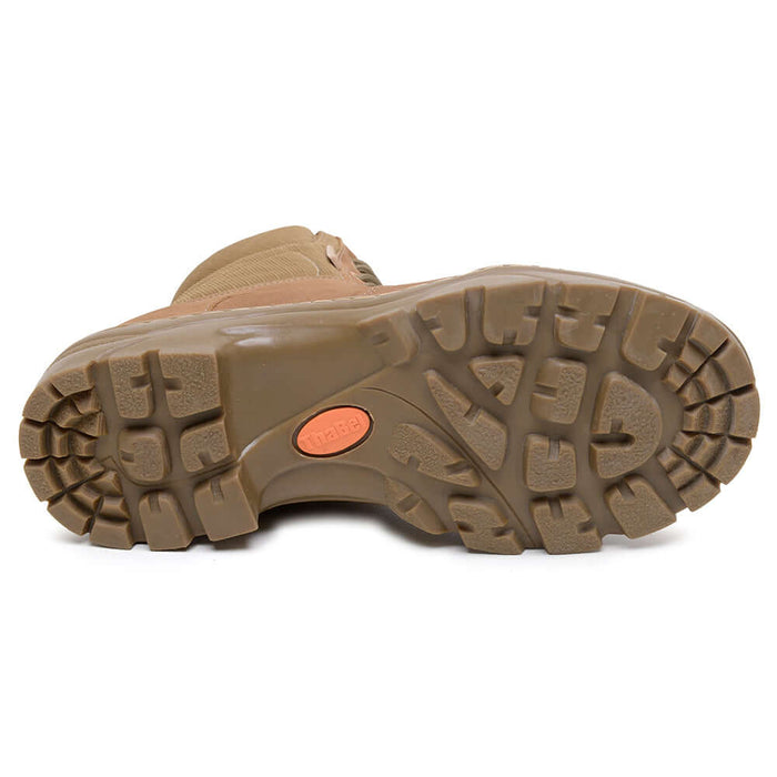 Sola do Coturno Militar ThaBel Sigma Coyote com Zíper e Anti-Perfuro, bota tática resistente e confortável para terrenos irregulares.