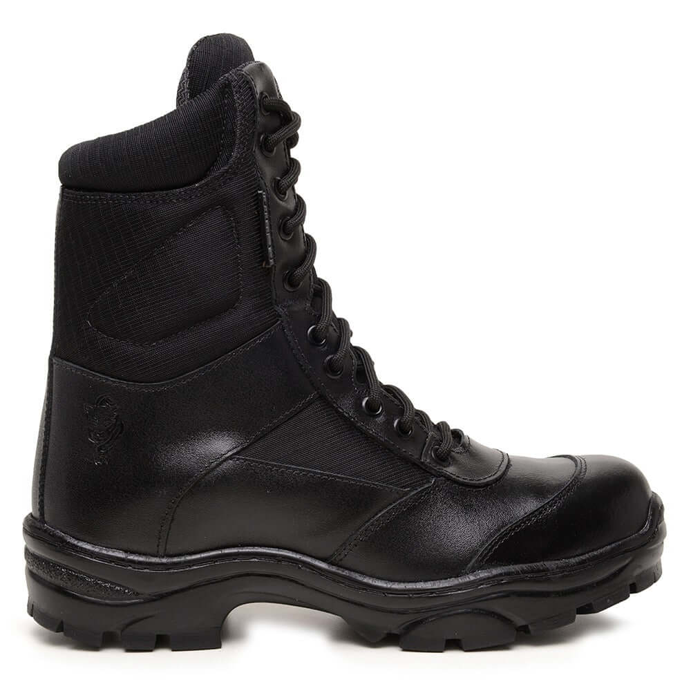 Coturno Tático Masculino ThaBel Invader Anti Perfuro Preto com CA, bota tática resistente, calçado de segurança para militares e policiais.