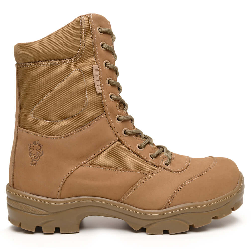 Coturno Militar Masculino ThaBel Anti Perfuro Invader Padrão Exército Coyote com CA, bota tática, calçado resistente e confortável.