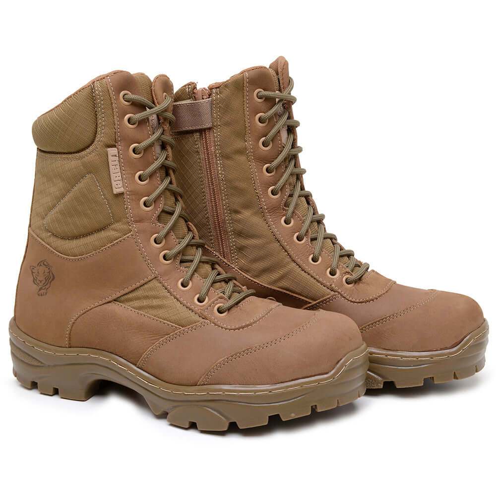 Coturno Militar ThaBel Sigma Coyote com Zíper e Anti-Perfuro, bota masculina resistente e confortável para aventuras e trabalho.