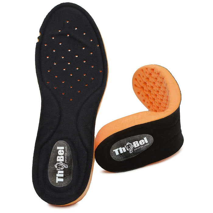 Palmilha De Gel Anatômica Confortável com Amortecimento em preto e laranja, ideal para tênis e botas, oferece absorção de impacto.