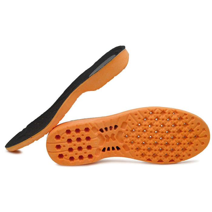 Palmilha De Gel Anatômica Confortável com Amortecimento em poliuretano laranja e preto, ideal para tênis e botas.