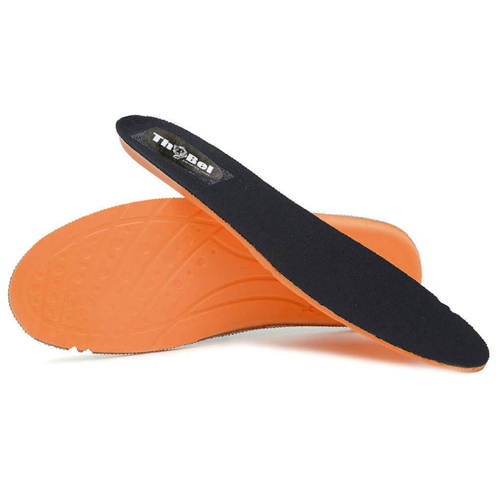 Palmilha Ortopédica Para Tênis Sapatênis Bota Botina Coturno em poliuretano, preta e laranja, para conforto e absorção de impacto.
