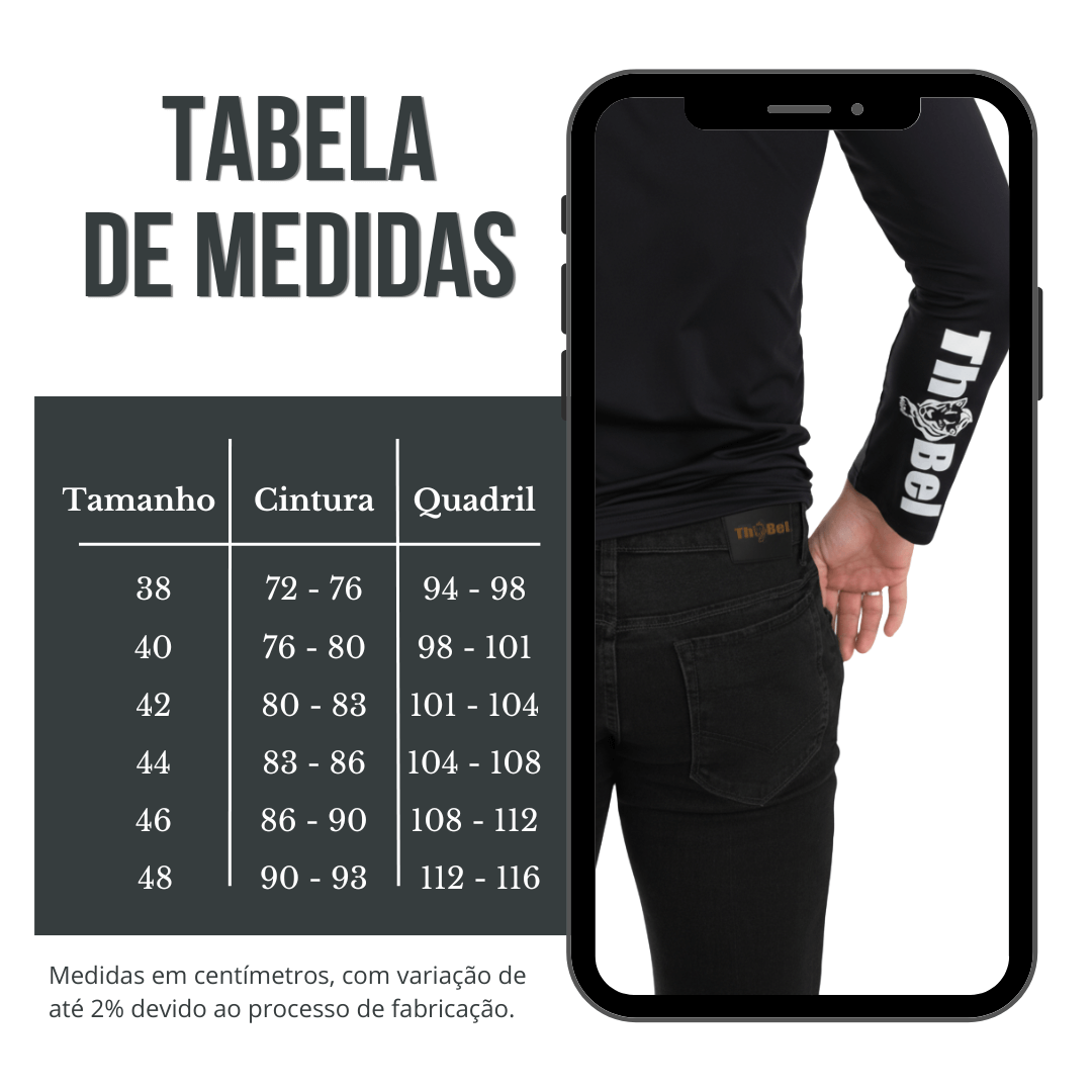 Tabela de medidas da Calça Jeans Gray Man ThaBel Phantom Preto com modelo vestindo a calça.