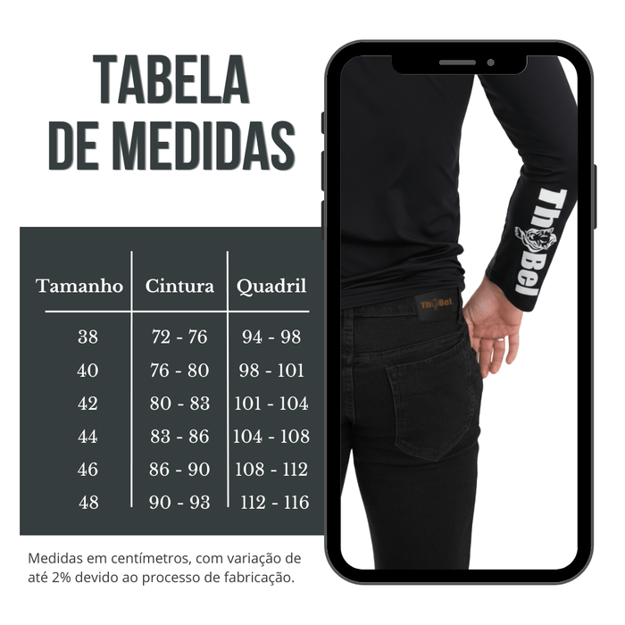 Tabela de medidas da Calça Jeans Gray Man ThaBel Phantom Preto com modelo vestindo a calça.