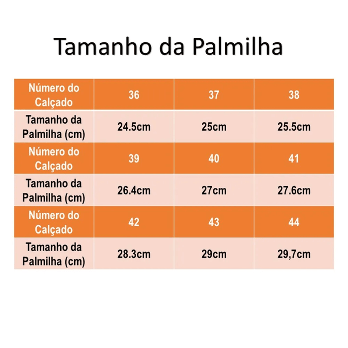 Tabela de tamanhos de palmilha da Bota Masculina Work Thabel WorkBel Anti Perfuro Preto com CA, mostrando várias numerações.