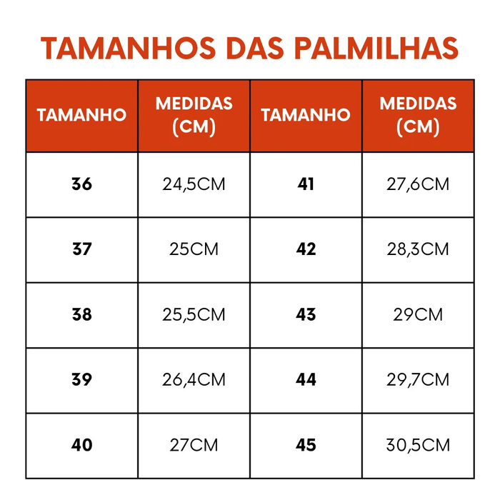 Tabela de tamanhos das palmilhas com medidas em centímetros para sapatos, tamanhos do 36 ao 45.