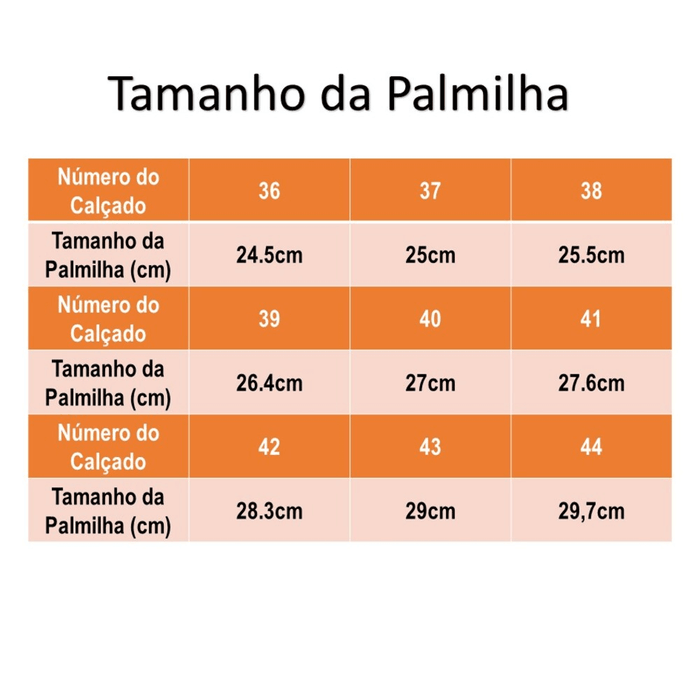Tabela de tamanhos para Bota Tática ThaBel Highlander Anti Perfuro Desert com CA, mostrando medidas em centímetros para palmilhas.